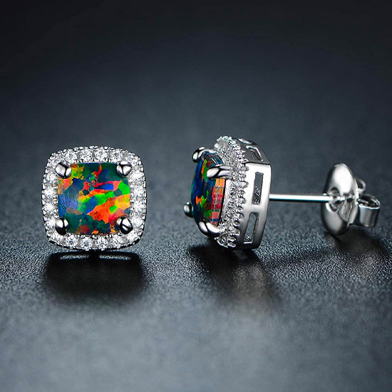 White Gold Plated Created Black Opal Earrings White Gold Plated Created Black Opal Earrings