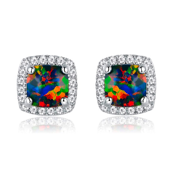 White Gold Plated Created Black Opal Earrings White Gold Plated Created Black Opal Earrings