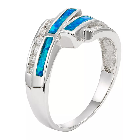 Sterling Silver Cubic Zirconia & Lab-Created Blue Opal Bypass Ring