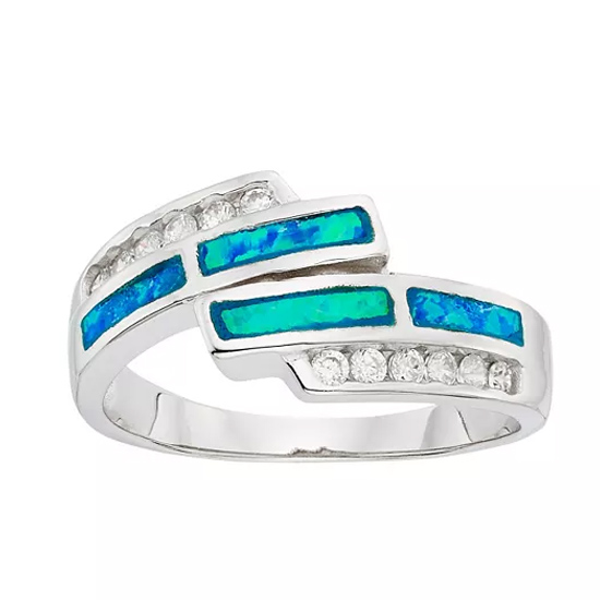 Sterling Silver Cubic Zirconia & Lab-Created Blue Opal Bypass Ring