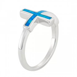 Sterling Silver Lab-Created Blue Opal Sideways Cross Ring