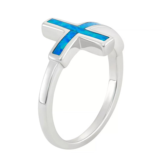 Sterling Silver Lab-Created Blue Opal Sideways Cross Ring Sterling Silver Lab-Created Blue Opal Sideways Cross Ring