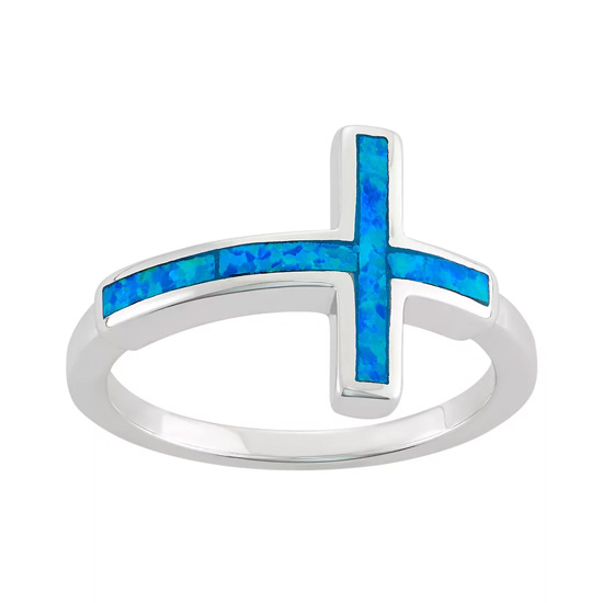 Sterling Silver Lab-Created Blue Opal Sideways Cross Ring