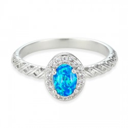 White Gold Plated Gemstone Wedding Ring Lab Created Blue Opal