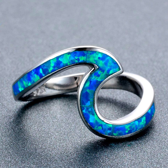 925 Sterling Silver Blue Opal Wave Ring for Women 925 Sterling Silver Blue Opal Wave Ring for Women