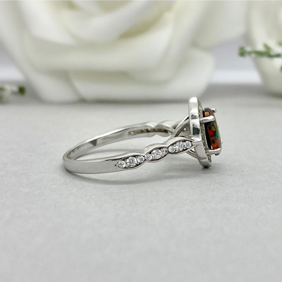 Sterling Silver Simulated Diamond Halo Oval Black Fire Opal Engagement Wedding Ring
