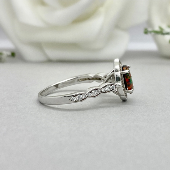 Sterling Silver Simulated Diamond Halo Oval Black Fire Opal Engagement Wedding Ring Sterling Silver Simulated Diamond Halo Oval Black Fire Opal Engagement Wedding Ring