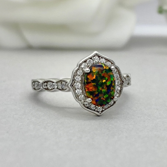 Sterling Silver Simulated Diamond Halo Oval Black Fire Opal Engagement Wedding Ring Sterling Silver Simulated Diamond Halo Oval Black Fire Opal Engagement Wedding Ring