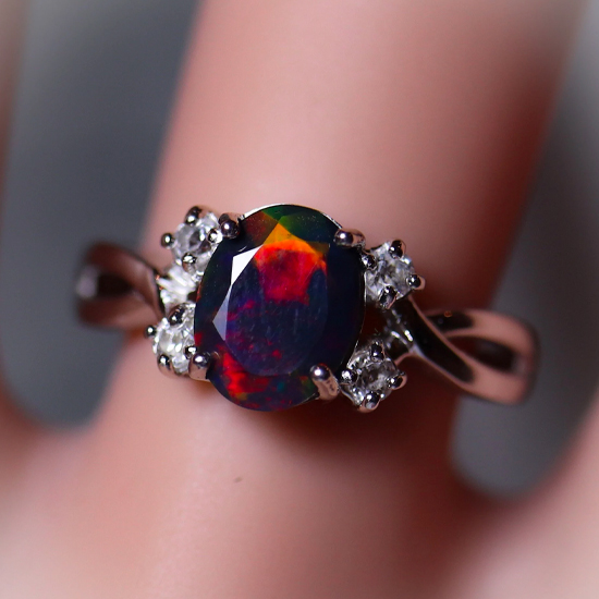 Natural 8x6mm black opal engagement ring