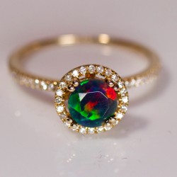 Black Opal Round Halo Gold Ring