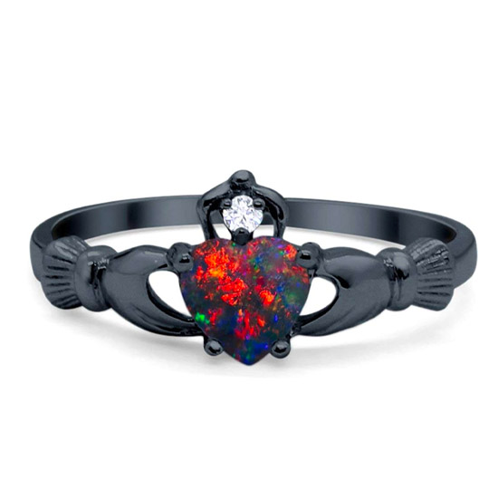 Black Tone 925 Sterling Silver Claddagh Promise Ring Lab Created Heart Black Opal Ring Black Tone 925 Sterling Silver Claddagh Promise Ring Lab Created Heart Black Opal Ring
