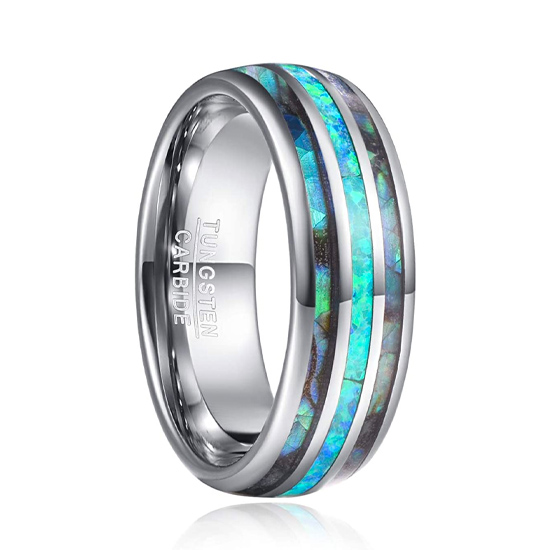 8mm Tungsten Carbide Ring Real Blue/Green Opal and Abalone Shell Wedding Band