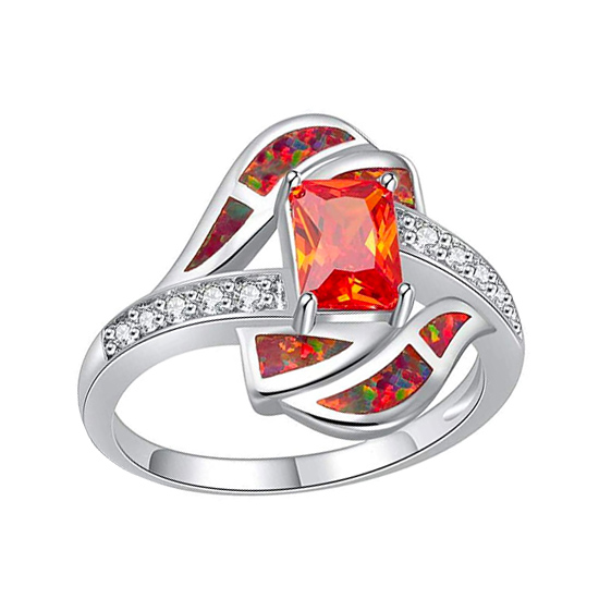 White Gold Plated Created Orange Fire Opal Engagement Rings