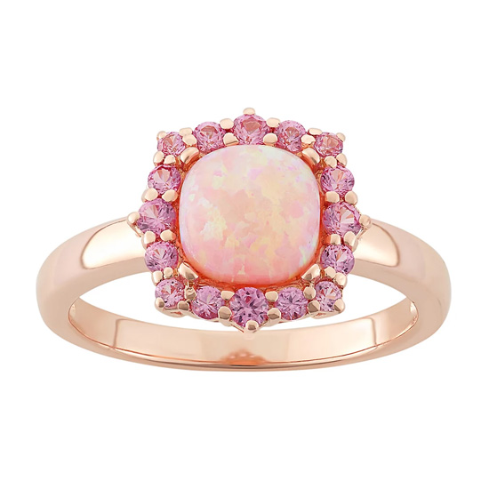 18k Rose Gold Plated Silver Lab-Created Pink Opal & Sapphire Square Halo Ring