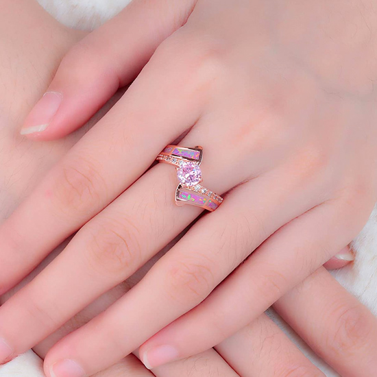 Gold Plated Created Pink Opal Ring Women Perfect Fashion Ring