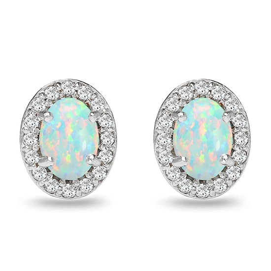 Lab Created White Opal Sterling Silver Oval Halo Stud Earrings
