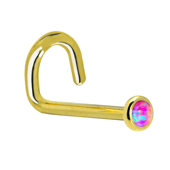 14KT Yellow Gold 2mm Fuchsia Lab Created Opal Nose Ring