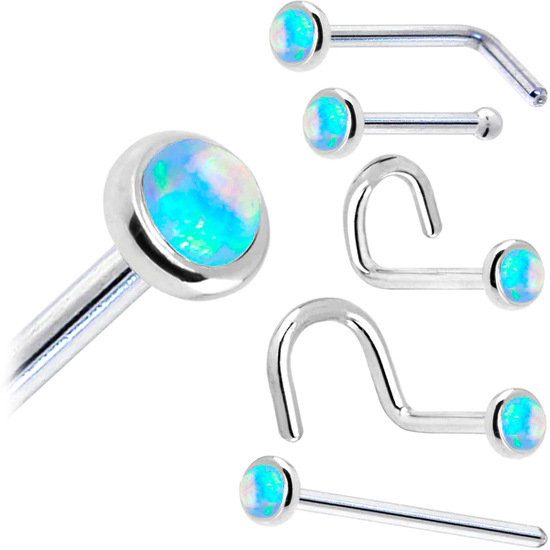 14KT White Gold 2mm Light Blue Lab Created Opal Nose Ring