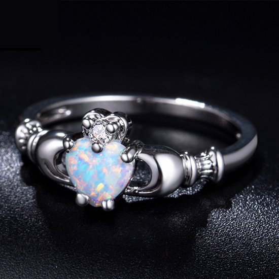 925 Sterling Silver Lab Created Opal & Cubic Zirconia Irish Claddagh Rings