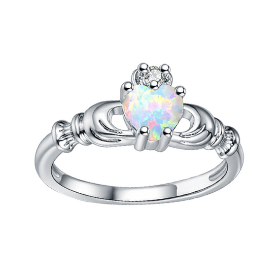 925 Sterling Silver Lab Created Opal & Cubic Zirconia Irish Claddagh Rings