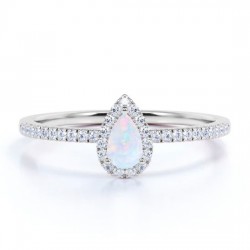 18K White Gold Plated Silver White Opal and Moissanite Engagement Ring