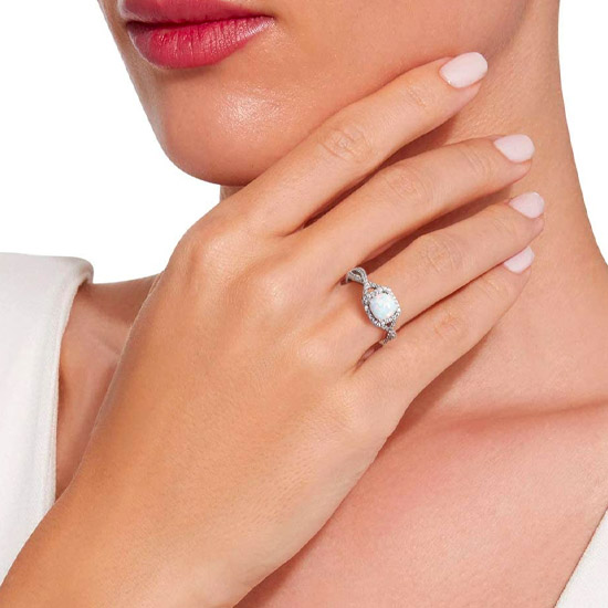 Sterling Silver Lab-Created Opal Halo Rings October Birthstone Sterling Silver Lab-Created Opal Halo Rings October Birthstone