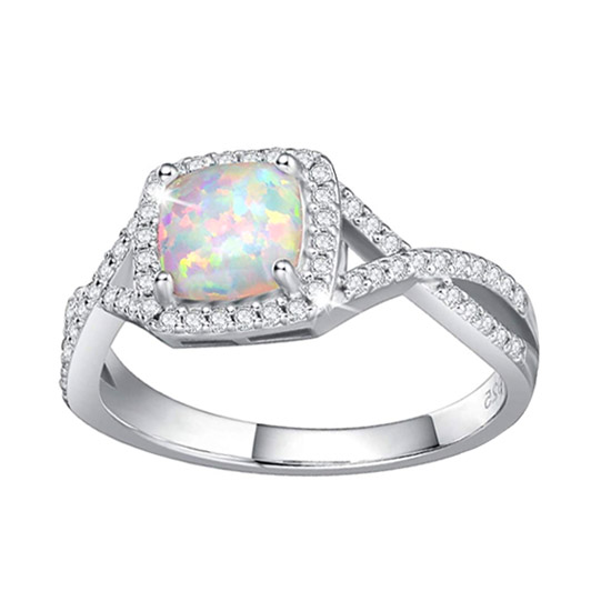 Sterling Silver Lab-Created Opal Halo Rings October Birthstone Sterling Silver Lab-Created Opal Halo Rings October Birthstone