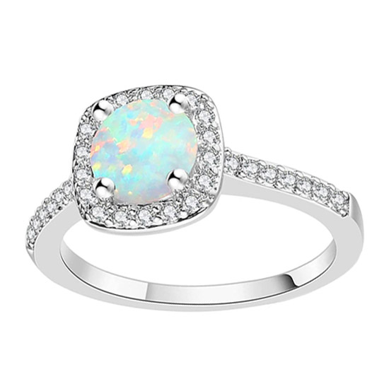 Platinum Plated Created White Opal Wedding Ring